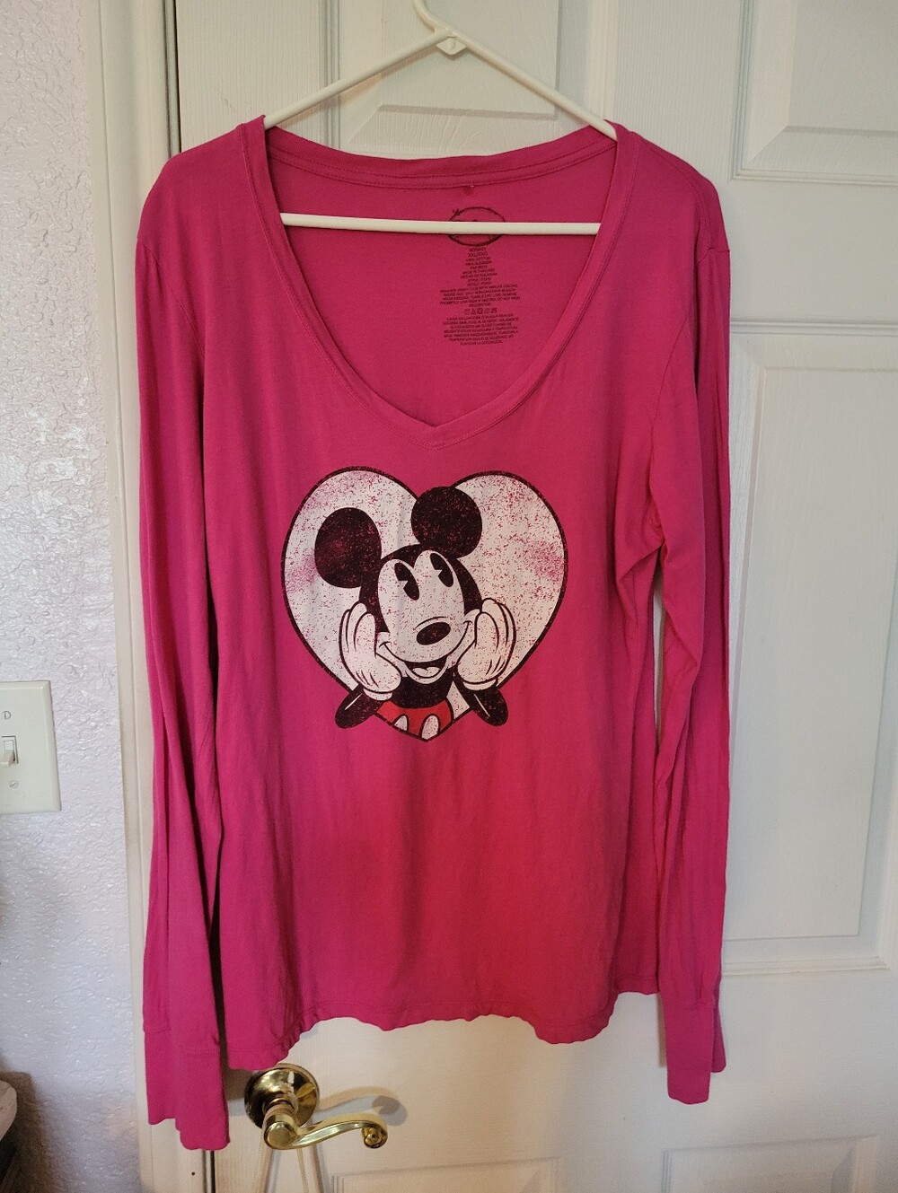 Disney Pink Long Sleeve V-Neck Tee with Mickey Heart Graphic